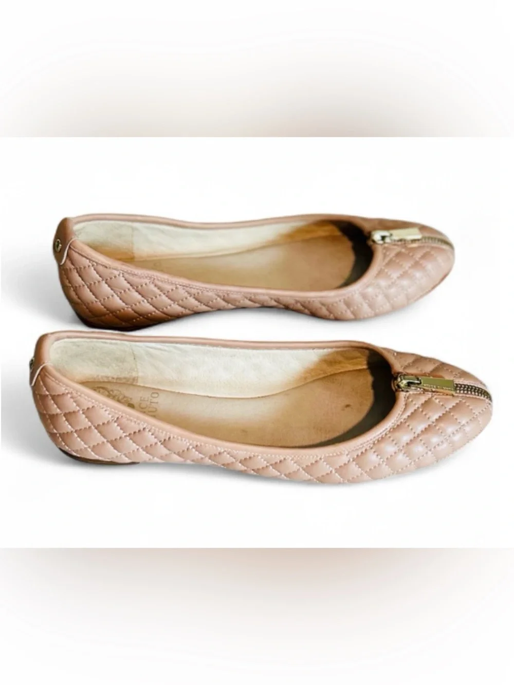Vince Camuto Minndy Blush Quilted Leather Ballet Flats with Gold Zipper 10